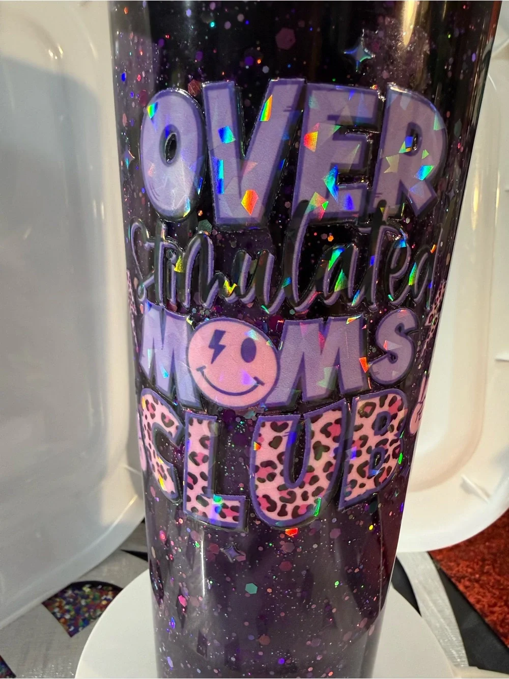Over Stimulated Moms Club Purple Glitter Tumbler